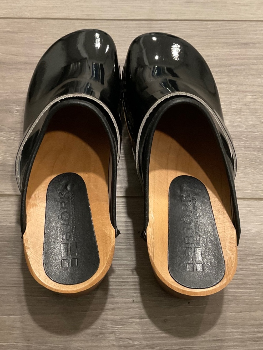 BJORK Maja Wood Leather Clogs Black Patent Leather EU39 U.S. 8-8.5 LIKE NEW - Picture 3 of 10